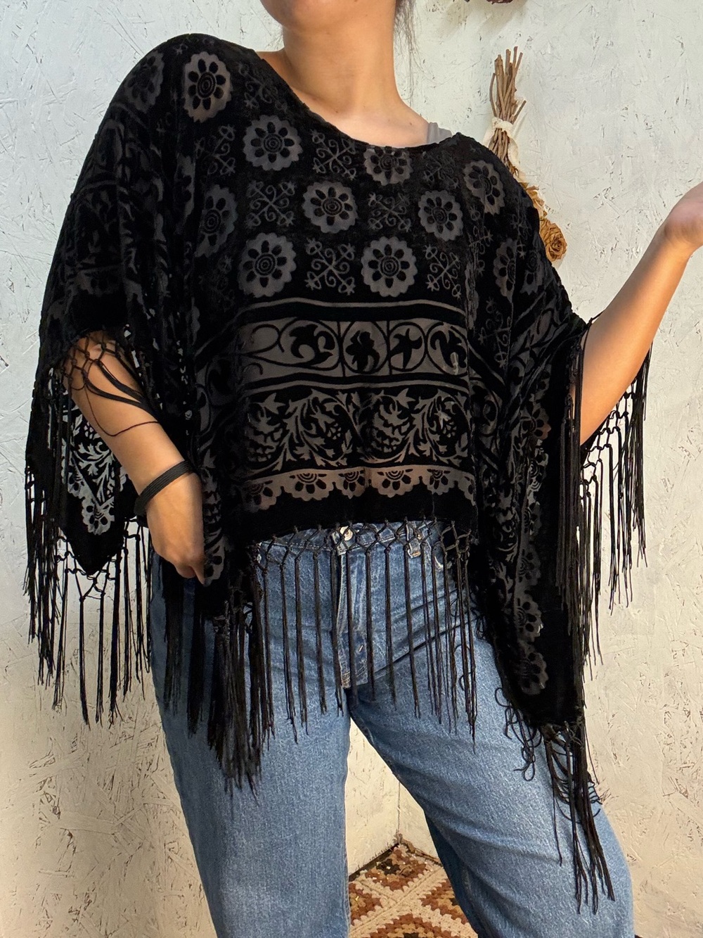 Vintage Whimsigoth Fringe Patterned Velvet Sheer Shawl Black OS